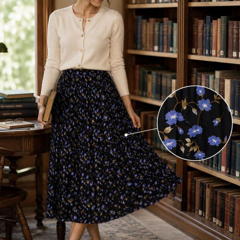 Vintage 90s Leslie Fay Black Floral Pleated Midi Skirt 12 Cottagecore Teacher
